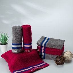 Nautica Pack of 8 Grey & Burgundy Striped Pure Cotton 600 GSM Face Towels-15