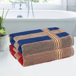 Kuber Industries Cream & Blue 2 Pieces Striped Cotton 150 GSM Bath Towel-97