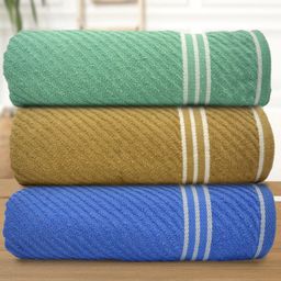 Athom Living Green & Blue 3 Pieces Striped Terry Cotton Bath Towels-image-30