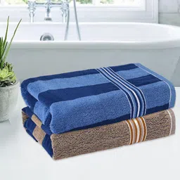 Kuber Industries Cream-Coloured & Blue 2 Pieces Striped Cotton 150 GSM Bath Towel-22