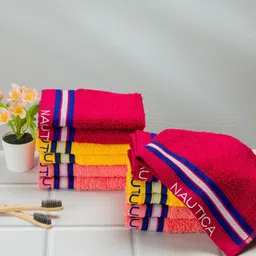 Nautica Set Of 12 Burgundy & Yellow Solid Pure Cotton 500 GSM Face Towels-29