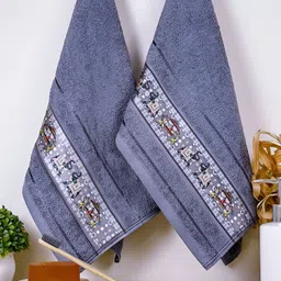 RANGOLI Grey 2 Pcs Printed Pure Cotton 440 GSM Hand Towels-66