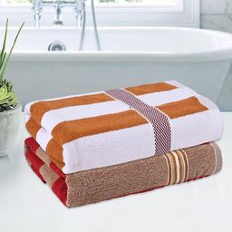 Kuber Industries White & Mustard 2 Pieces Striped Cotton 150 GSM Bath Towel-85