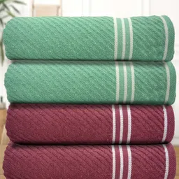 Athom Living Green & Mauve 4 Pieces Striped 400 GSM Cotton Bath Towels-image-56