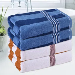 Kuber Industries White & Blue 4 Pieces Striped Cotton 150 GSM Bath Towels-54