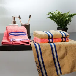 Nautica Beige & Coral-Peach-Colored 4 Pieces 500 GSM Zero Twist Pure Cotton Hand Towels-image-4