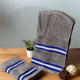 Nautica Set Of 2 Grey Striped Pure Cotton 500 GSM Hand Towels-50