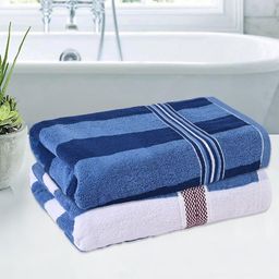 Kuber Industries White & Blue 2 Pieces Striped Cotton 150 GSM Bath Towel-image-47