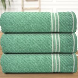 Athom Living Green & White 3 Pieces Striped Cotton Bath Towels-image-102