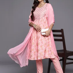 Libas Floral Yoke Design High Slit Mirror Work Kurta with Trousers & With Dupatta-picture-16