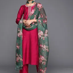 Varanga Women Maroon Ethnic Motifs Embroidered Kurta with Trousers & Dupatta-32