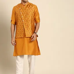 Anouk Men Mustard Yellow & Off White Striped Kurta with Trousers & Printed Nehru Jacket-picture-5