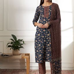 Yufta Floral Printed Regular Pure Cotton Straight Kurta With Trouser With Dupatta-2