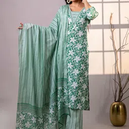 Anouk Green Floral Printed Square Neck Pure Cotton Straight Kurta With Trousers & Dupatta-image-57
