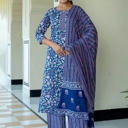 Anouk Blue Floral Printed Notch Neck Pure Cotton Straight Kurta With Trousers & Dupatta-image-71
