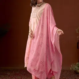 Anouk Pink Ethnic Motifs Printed Straight Sequinned Organza Kurta with Trousers & Dupatta image 4