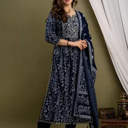 Subh LAXMI Floral Printed Thread Work A-Line Kurta With Trousers & Dupatta image 3