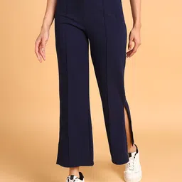The Roadster Lifestyle Co Women Navy Blue High-Rise Slited Trousers-picture-19