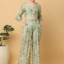 KALINI Floral Printed V-Neck Top & Trousers Co-Ord-picture-52