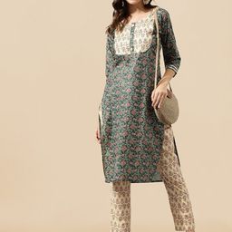 KALINI Floral Printed Gotta Patti Pure Cotton Kurta With Trousers-picture-26