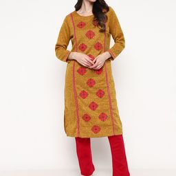 Be Indi Women Ethnic Motifs Embroidered Mirror Work Winter Kurta With Trousers-image-4