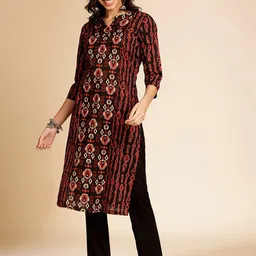 Anouk Abstract Printed Notched Neck Regular Pure Cotton Straight Kurta with Trousers-56