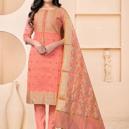 ODETTE Woven Design Straight Semi Stitched Kurta with Trousers & Dupatta-image-71