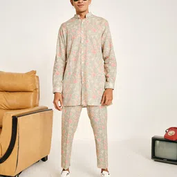 Project Bandi Floral Printed Band Collar Pure Linen Kurta with Trousers-16