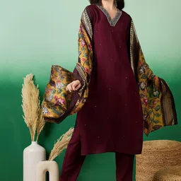 Sangria Embroidered Straight Kurta With Trouser & Dupatta Set-9