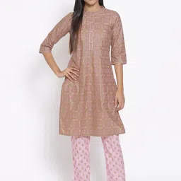 AURELIA Women Beige Ethnic Motifs Printed Straight Kurta with Trousers-picture-41