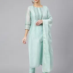 Janasya Women Embroidered Thread Work Kurta with Trouser & With Dupatta-10