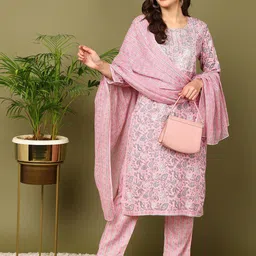 mokshi Floral Printed Regular Sequinned Kurta With Trouser & Dupatta image 2