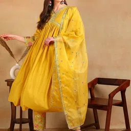 KALINI Floral Embroidered V-Neck Pleated Anarkali Kurta with Trousers & Dupatta-picture-26