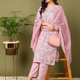 mokshi Floral Printed Regular Sequinned Kurta With Trouser & Dupatta image 5