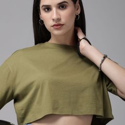 Roadster Women Solid Drop-Shoulder Sleeves Boxy Crop T-shirt-image-68
