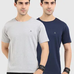ARDEUR Men Grey Melange & Navy Blue Set Of 2 Cotton T-shirt-image-21