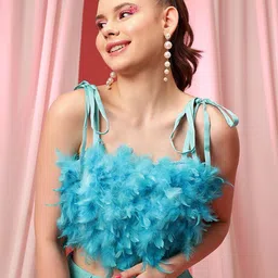 STREET 9 Turquoise Blue Shoulder Straps Feather Bralette Crop Top-image-74