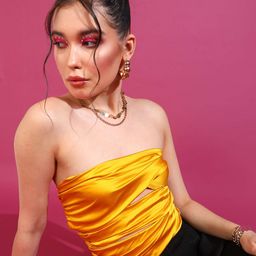 Oomph! Twisted Smocked Strapless Cropped Satin Tube Top-image-77