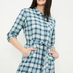 max Checked Roll-Up Sleeves Spread Collar Tie-Up Neck Cotton Shirt Dress-picture-9