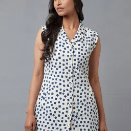 W White & Blue Shirt Collar Printed Pure Cotton Tunic-picture-24