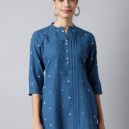 MEESAN Blue & White Mandarin Collar Cotton Tunic-image-71
