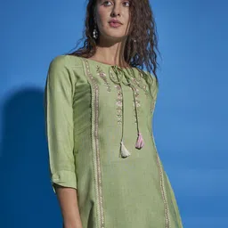 Sangria Green Floral Embroidered Tie-Up Neck Top-16