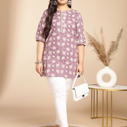 Janasya Floral Printed Round Notch Neck Cotton Straight Kurti-image-42