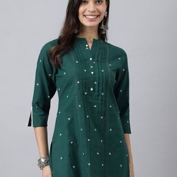 MEESAN Green & White Mandarin Collar Cotton Printed Tunic-image-14