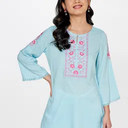 Global Desi Blue & Pink Viscose Rayon Embroidered Tunic-picture-9