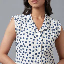 W White & Blue Shirt Collar Printed Pure Cotton Tunic image 3