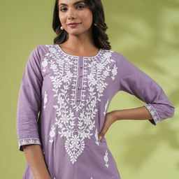Janasya Floral Embroidered Pure Cotton Chikankari Straight Kurta-48