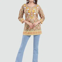 Saree Swarg Green & Yellow Printed Tunic image 3