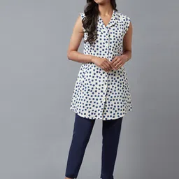 W White & Blue Shirt Collar Printed Pure Cotton Tunic image 5