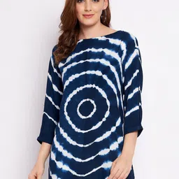 Ruhaans Women Navy Blue & White Viscose Rayon Boat Neck Tie & Dye Tunic-image-89
